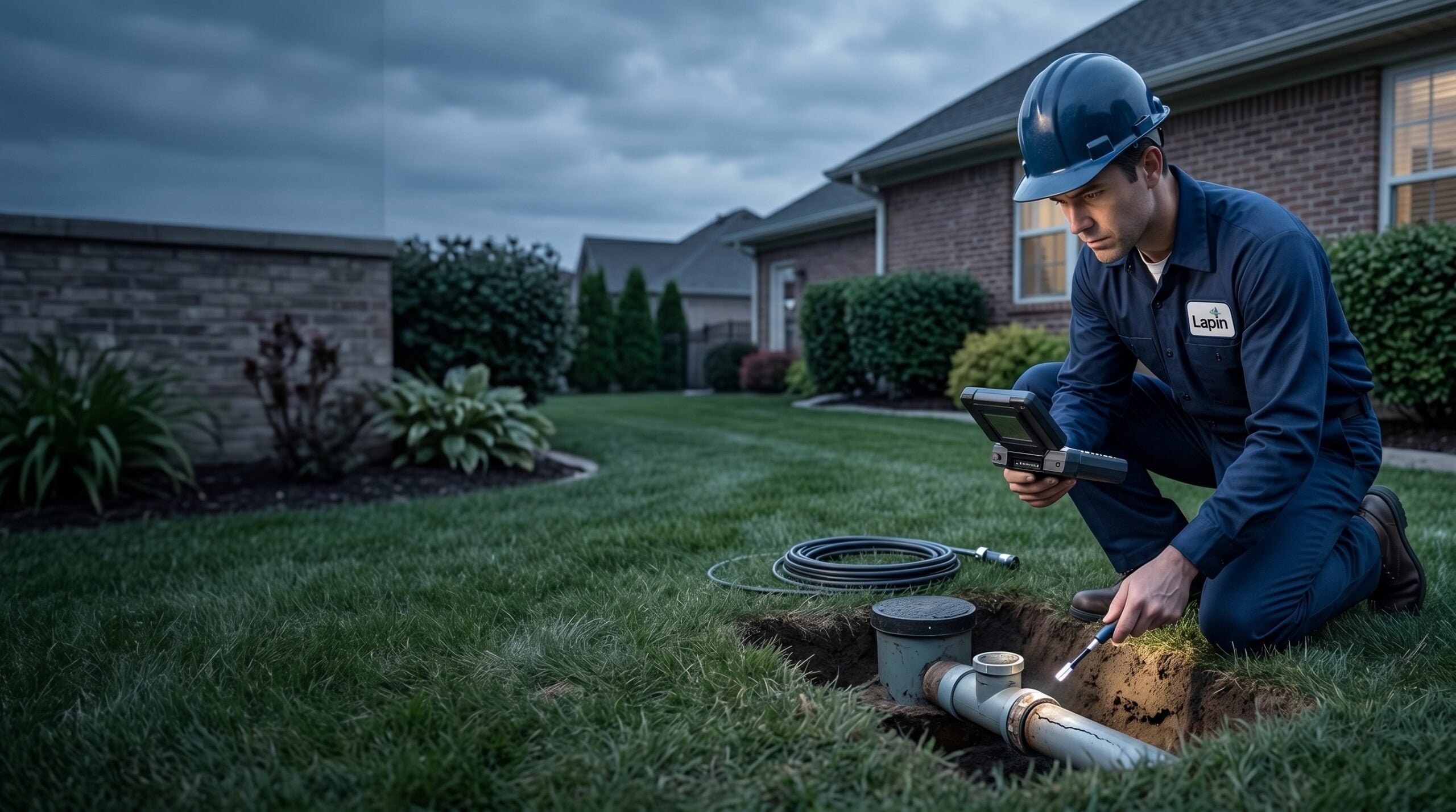 Lapin Services technician inspecting a serious plumbing issue in low utility light