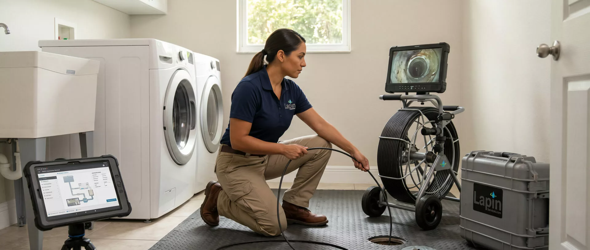 Lapin Services drain inspection equipment arranged for a slow drain diagnosis