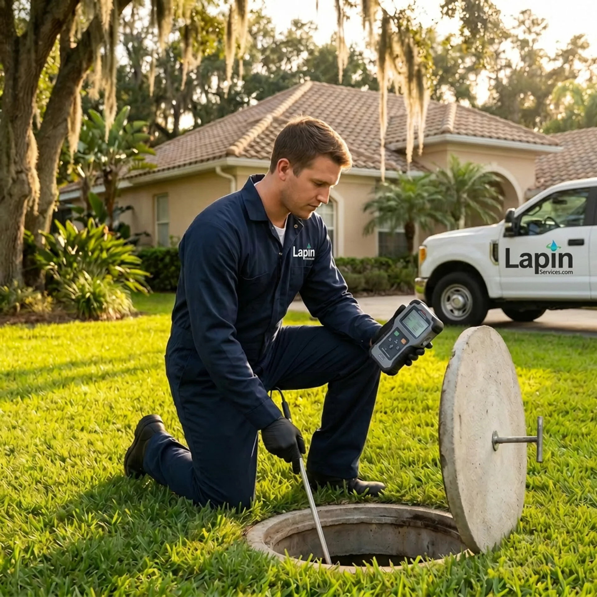Lapin Services technician inspecting a residential septic access point in a Florida yard
