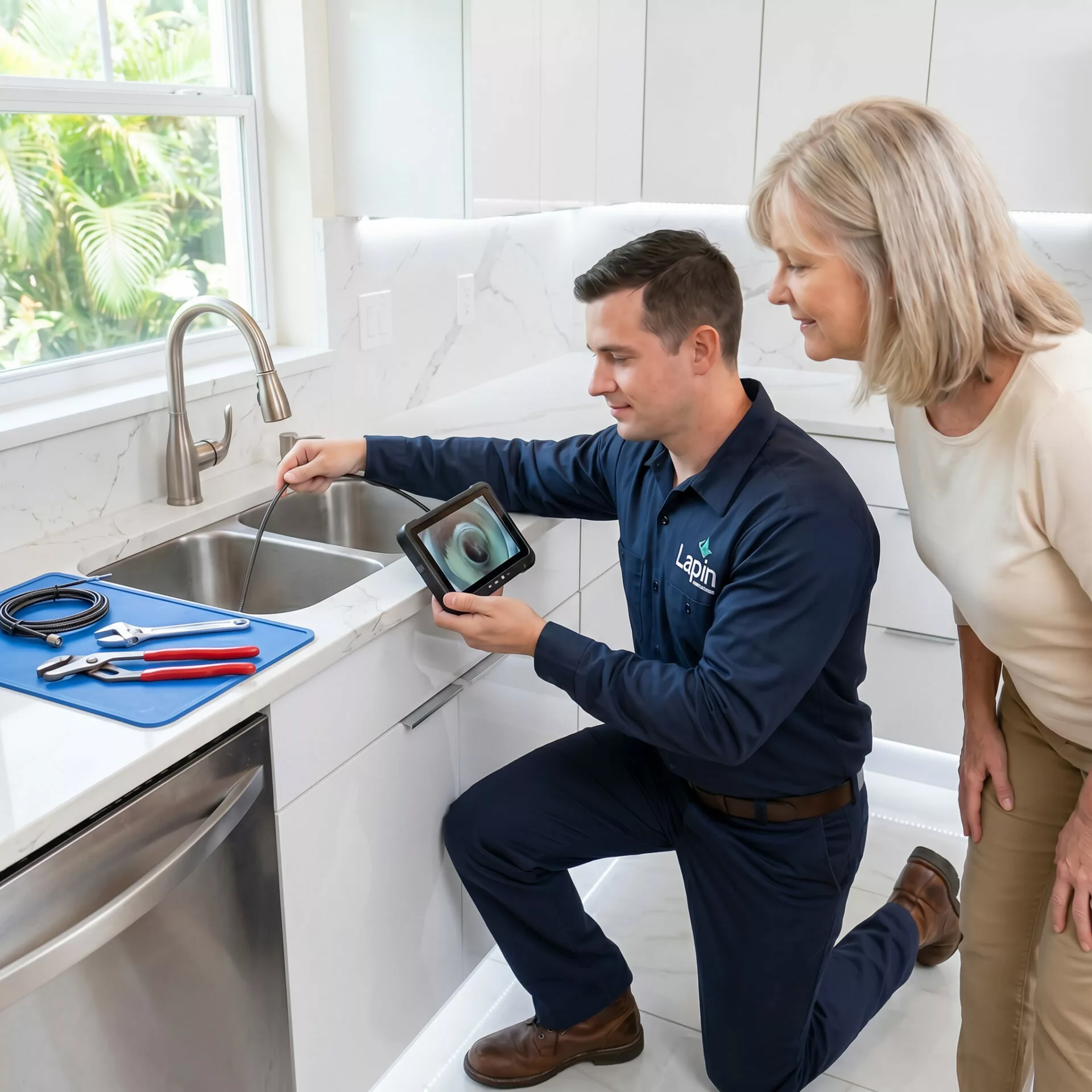 Lapin Services technician inspecting a slow draining sink with diagnostic equipment