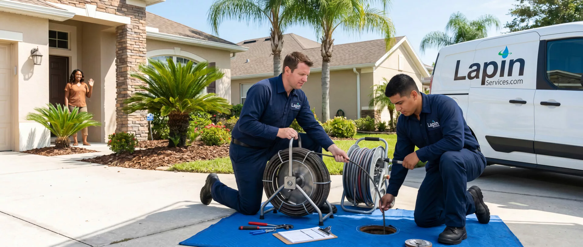Lapin Services crew finishing backed up drain service outside a clean residential property