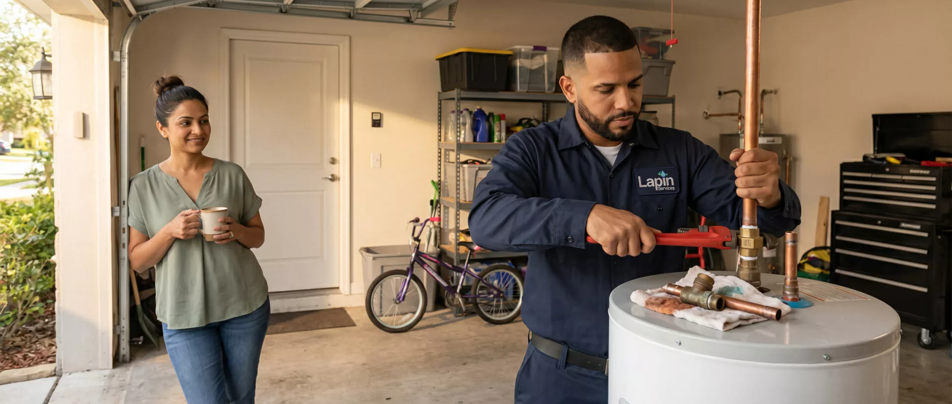 Lapin Services technician completing a no hot water service visit near a residential water heater