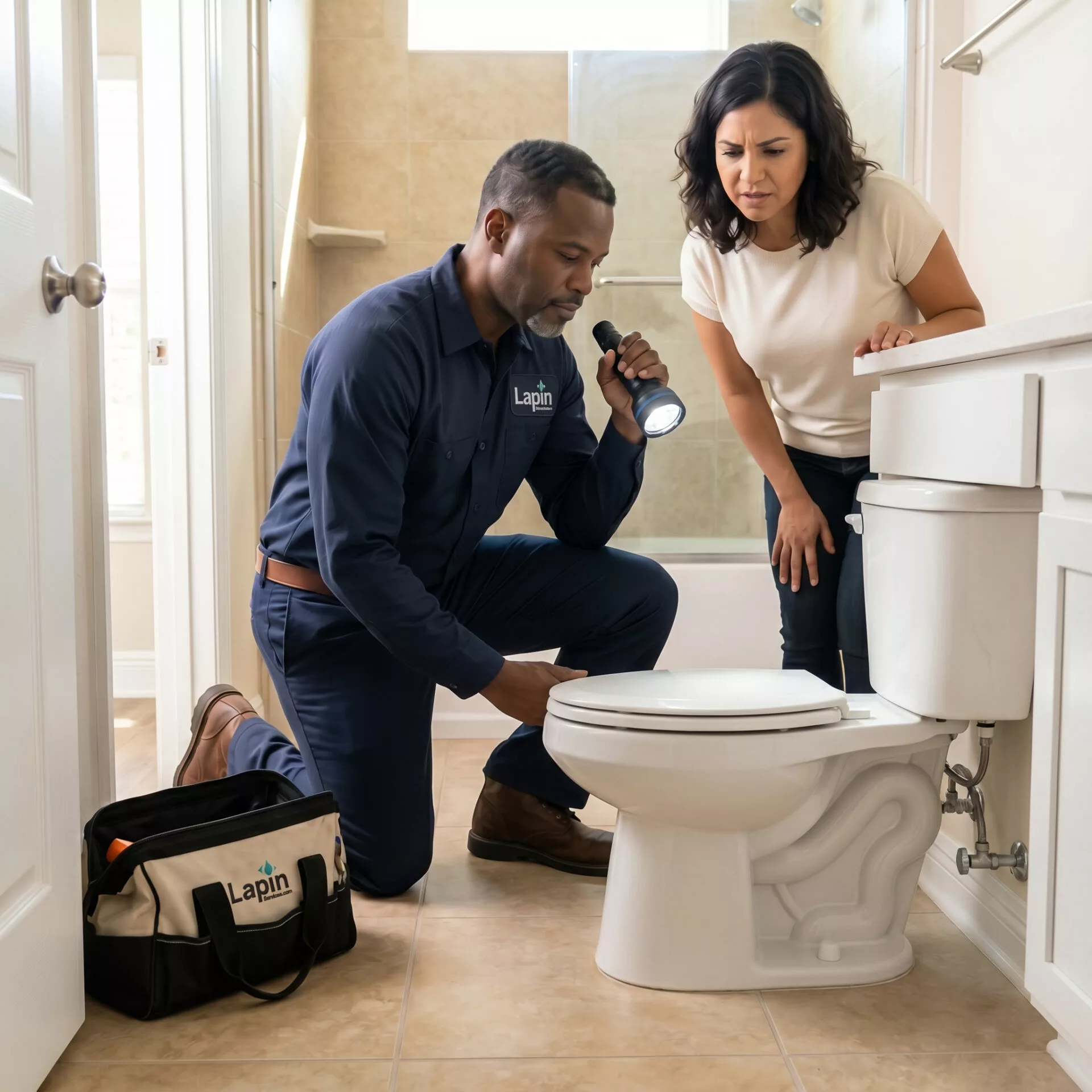 Lapin Services technician checking an indoor plumbing odor source in a bathroom utility access