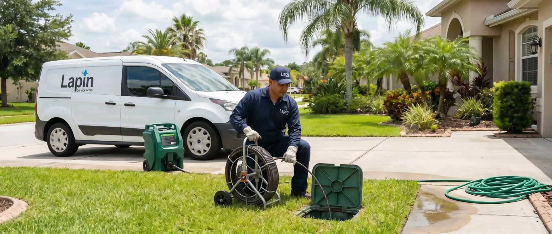 Lapin Services technicians diagnosing an exterior flooding issue at a residential property