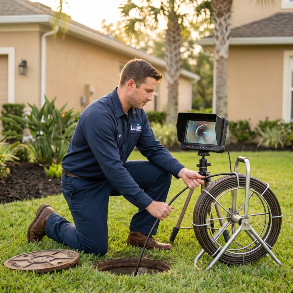 Lapin Services technician inspecting residential sewer access with diagnostic equipment