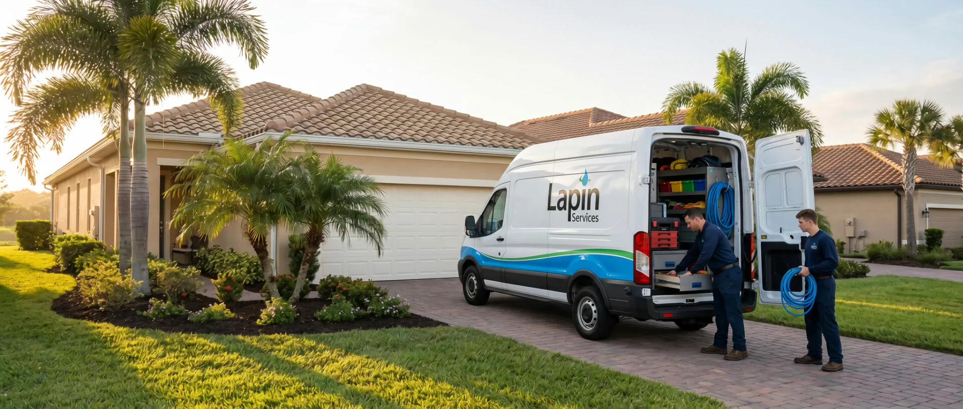 Lapin Services crew and service vehicle outside a clean residential property after plumbing work