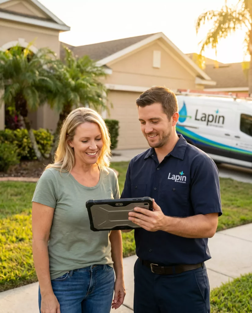 Lapin Services technician explaining drain inspection findings to a homeowner